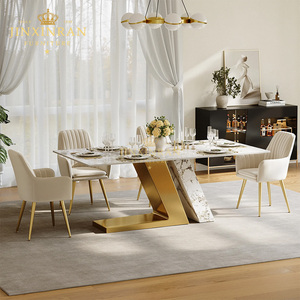 Tavolo da Pranzo Rettangolare Personalizzato con Piano in Marmo Bianco Pandora, Base a V Intrecciata in <span class=keywords><strong>Acciaio</strong></span> <span class=keywords><strong>Inox</strong></span> Dorato a Specchio, Arredamento per Casa e Ristorante - Product Image 3
