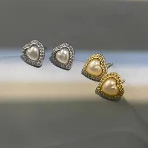 Simple Design Elegant Gold Plated Jewelry 925 Sterling Silver Cz Heart Studs Earrings