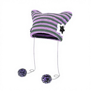 MADESHINE Y2K Bonnet d'hiver en jacquard rayé, tricoté, avec oreilles de chat mignonnes, croix étoilée, cornes de <span class=keywords><strong>diable</strong></span>, chaud, crocheté, broderie 3D, plage - Product Image 3
