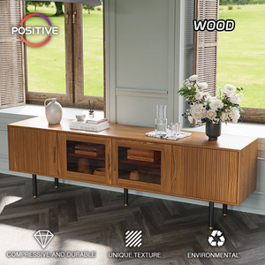Meuble <span class=keywords><strong>TV</strong></span> moderne du milieu du siècle <span class=keywords><strong>en</strong></span> noyer avec panneaux de bois cannelés et armoires à façade <span class=keywords><strong>en</strong></span> verre pour le MSTV-<span class=keywords><strong>96</strong></span> de rangement du salon - Product Image 2