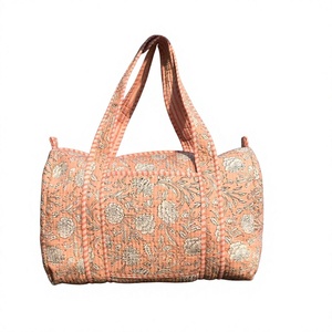 <b>Peach</b> Floral Quilted Cotton Duffle Tote Bag Handblock Print Travel Shoulder Bag Lightweight Weekend Carryall Stylish Reusable Wo - Product Image 1
