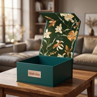 Boîte cadeau magnétique rigide avec doublure florale botanique, boîte en carton vert foncé laminé, emballage cosmétique de luxe avec logo personnalisé