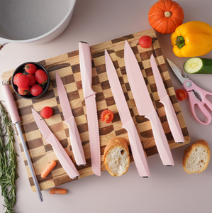 طقم سكاكين شيف جديد مكون من 14 قطعة باللون الوردي من الفولاذ المقاوم للصدأ مع مقبض خشبي للاستخدام في المطبخ في التجارة الخارجية JYTD10025 - Product Image 3