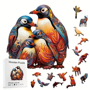 Chim cánh cụt gia đình <span class=keywords><strong>3D</strong></span> câu đố bằng gỗ cho người lớn, thách thức động vật câu đố bằng gỗ cho trang trí nội thất và quà tặng - Product Image 1