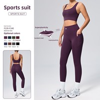 Set Yoga 2 Potong Wanita Pinggang Tinggi, Bernapas, Elastis, Membentuk Tubuh dengan Kantong, Bahan Nylon Spandex, untuk Olahraga Fitness