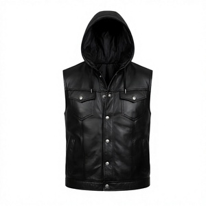 <b>Top</b> Quality Custom Made New Men Vintage Leather Vest Jacket Zip up Classic Vest with Hood Sleeveless Jacket Style Vests - Product Image 2