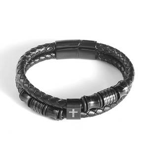 Men's Double Layer Woven <b>Leather</b> <b>Bracelet</b> Black Stainless Steel Cross Design 7.5 8.5 9 Inches Gift Jewelry - Product Image 3