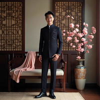 Costume Homme Slim Fit Col Mandarin Motif Dragon Style Chinois Vente en Gros Usine Tenue Formelle Jeunes Hommes Ensembles Décontractés
