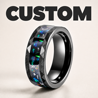 Bague de mariage personnalisée en carbure de tungstène noir pour homme, incrustation opale bleue et météorite, finition martelée, ajustement confortable, vente en gros