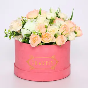 奢华定制漂亮母亲节麂皮奢华圆形花盒，天鹅绒玫瑰包装盒