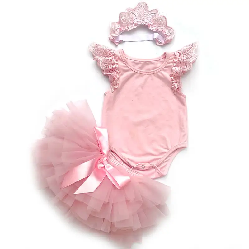 New design pink flutter baby girl clothing tulle tutu skirt set with princess headband