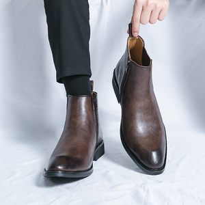 Bottes <span class=keywords><strong>Chelsea</strong></span> en cuir synthétique pour hommes Bottes <span class=keywords><strong>Chelsea</strong></span> d'automne en cuir imperméable à bout Piont noir avec talon carré - Product Image 5