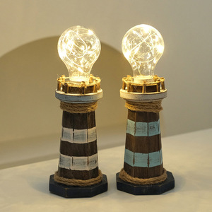 Lámpara de escritorio LED E27 con forma de faro de madera estilo mediterráneo, con acabado envejecido, para decoración del hogar. - Product Image 3