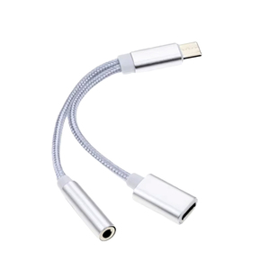 Calidad 2-en-1 <span class=keywords><strong>USB</strong></span> <span class=keywords><strong>C</strong></span> 3,5mm Audio Jack Cable Nylon trenzado adaptador de carga para teléfonos inteligentes 15 16 nuevo cabezal de Metal - Product Image 1