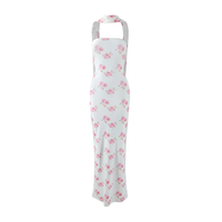 Robe longue moulante sans manches et sans bretelles, style mondaine, dos nu, motif plantes et fleurs, en polyester et élasthanne, pour l'été et les loisirs