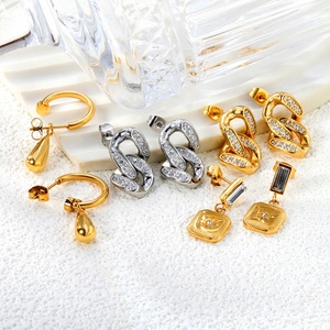 <b>Stainless</b> <b>Steel</b> Jewelry <b>Chain</b> Link Zircon Crystal Gold Plated Hoop Earrings Stud Square Charms Star Water Drop Dangle Earrings - Product Image 1
