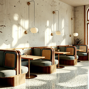 Muebles Modernos para Cafetería, Mesa Cuadrada de Madera y Ratán con Tapicería de Terciopelo, Sofá y Asientos para Cafetería, Restaurante - Product Image 1