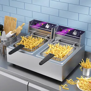 Ticari 2500w Olla restoran çift elektrikli fritözler tavuk mısır köpek cips fritöz gümüş masa restoran restoran