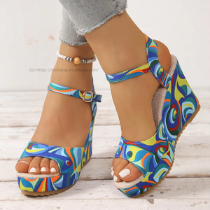 Women Summer New Color <b>Block</b> Wedge Roman Sandals Thick Sole Peep Toe Buckle Sandals in Stock - Product Image 2