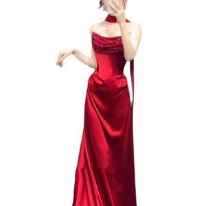 Red Satin Strapless Rhinestone Evening Gown Empire Waistline For Coming Of Age Ceremony - Product Image 5