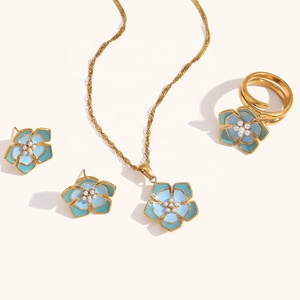 Dingran alla moda collana di fiori in smalto colorato imitazione perla e orecchini e anello Set per donna - Product Image 6