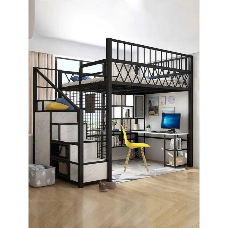 Nordic Modern Metal Loft Bunk Bed With Storage Apartment Dormitory Iron Bed Space-saving Multifunctional Floor Bedroom Furniture