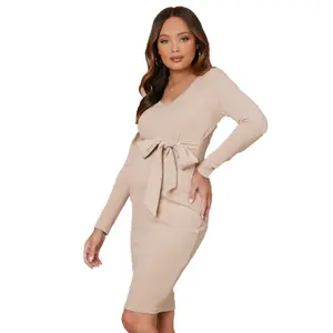 Custom Rib Knit Long Sleeve Pregnant Clothes V Neck Belted Bodycon Maternity Robes Cotton Dress Nightgown