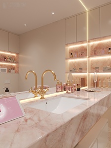 Natural luxury pink marble hotel style intelligent lighting <b>mirror</b> <b>wall</b> hanging bathroom cabinet - Product Image 4