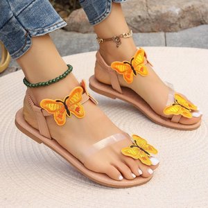 Women Butterfly Embroidered Flat <b>Sandals</b> Toe Loop <b>Elastic</b> Ankle Strap Summer Beach Casual Ladies Footwear - Product Image 1