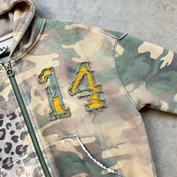 Sweat à capuche zippé vintage en molleton français pour homme, coupe oversize, imprimé personnalisé motif léopard camouflage, effet délavé et vieilli