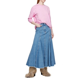 Hot Sell Pleated Raw Edge at Flared Hem Non-stretch Cotton & Hemp-blend Denim Long Skirts Women Sexy - Product Image 3