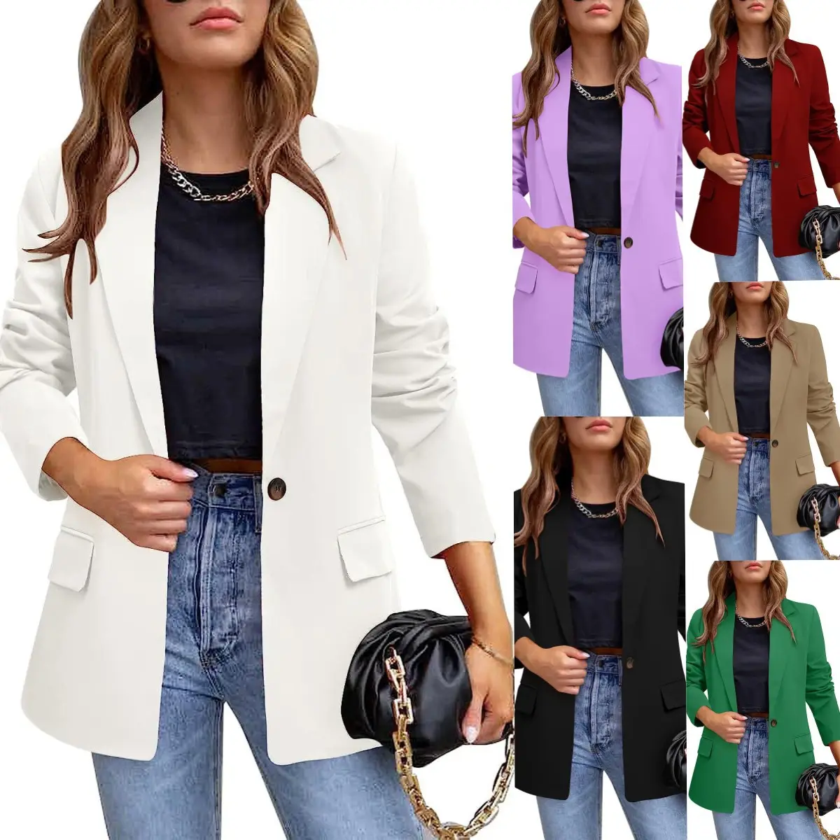 POSSNEY Women's Long Sleeve Blazer Solid Color Casual Basic Single Button Work Blazer Coat with Pockets