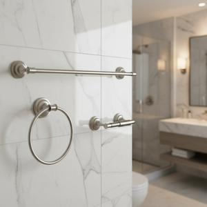 Ensemble d'accessoires de salle de bain en fer avec porte-papier toilette, barre porte-serviettes et anneau, chrome or noir, emballé - Product Image 1