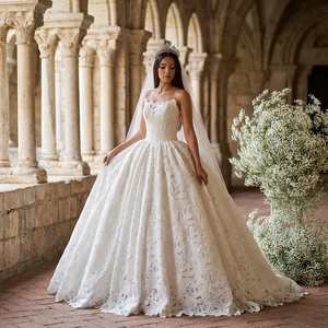 Vestido de Novia de Lujo Nt142, Vestido de Encaje Floral, Sin Tirantes, con Velo de Catedral y Dobladillo Festoneado, Jancember - Product Image 1