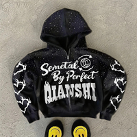 Streetwear baskılı sıkıntılı fermuarlı kapüşonlu kıyafet özelleştirilmiş pamuk kırpılmış Hoodie bahar Rhinestone boy fermuarlı kapüşonlu svetşört erkekler için