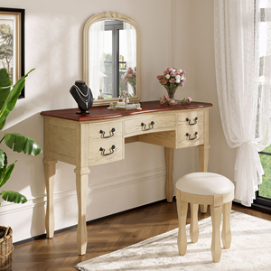 <span class=keywords><strong>Coiffeuse</strong></span> <span class=keywords><strong>vintage</strong></span> 46 pouces avec miroir à cadre floral incurvé, table de maquillage élégante avec 5 tiroirs et tabouret en cuir - Product Image 3