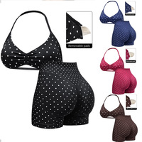 Set Olahraga Wanita Polka Dot Halter Sports Bra Celana Pendek High Waist Scrunch Butt 2 Potong Set Yoga Activewear