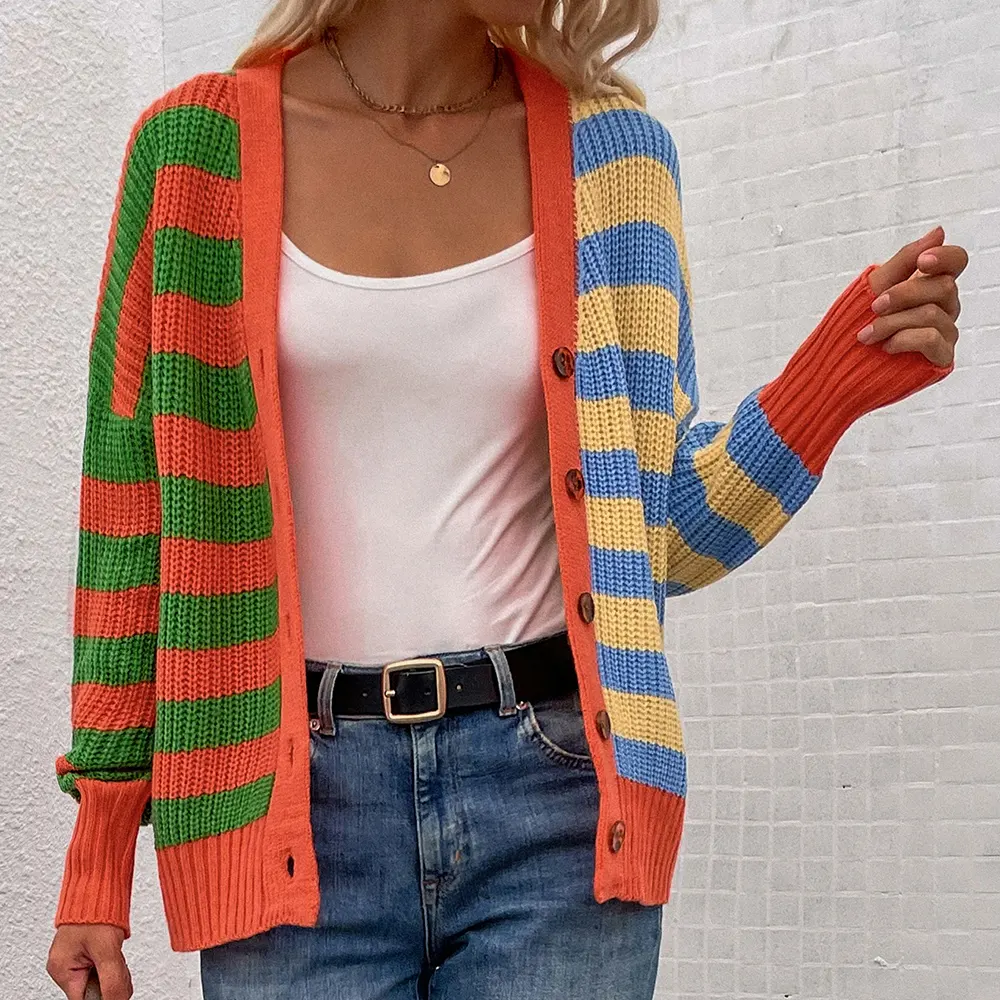 Autumn And Winter Stripes European And American Fashion Loose Sweater Single-breasted Cardigan Sweater Woman