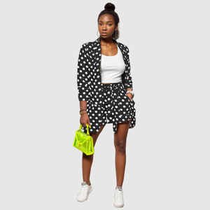 90826-MX25 Ensemble court 2 pièces pour femme, taille mi-haute, en polyester, imprimé pois, style blazer, été automne - Product Image 2