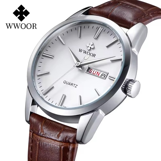 Wwoor 8801 Leather Genuine Band Quartz Watch Gold Luxury Simple Week Auto Date Display Sports Buckle Wrist Watches for Men