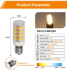 Lâmpada led e12, 4w 450lm, sem cintilação, luz branca quente, 3000k, feita na china