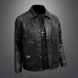 Explosions Automne Hommes Véritable Peau De Mouton Vintage Slim Fit Fermeture Éclair Col Debout Biker Veste Creux Figure Noir - Product Image 4