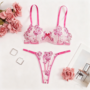 Mujeres verano Rosa rojo Sexy sujetador traje ropa interior con flor de lirio bordado encaje Bikini bragas conjunto de lencería - Product Image 6