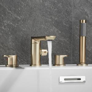 Rubinetto per <span class=keywords><strong>Vasca</strong></span> <span class=keywords><strong>da</strong></span> Bagno Stile Romano con Doccetta, Montaggio su Piano, 4 Fori con Valvola, Ottone Massiccio, 2 Maniglie, Design Ampio - Product Image 5