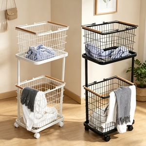 Organisateur de rangement pour vêtements <span class=keywords><strong>à</strong></span> 2 niveaux, <span class=keywords><strong>panier</strong></span> <span class=keywords><strong>à</strong></span> <span class=keywords><strong>linge</strong></span>, étagère roulante, organisateur de garde-robe en métal pour la chambre <span class=keywords><strong>à</strong></span> coucher et la salle de bain - Product Image 2