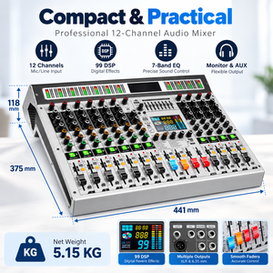 AOFO MK12 Professioneller Digitaler 12-Kanal Metall-Audiomixer mit Eingebautem 99 DSP-Effektprozessor Bluetooth/USB für Live-Sound Studio <span class=keywords><strong>DJ</strong></span>-Einsatz - Product Image 6