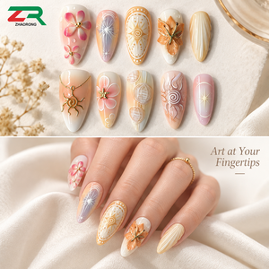 Uñas Postizas de Almendra al por Mayor con Flores 3D, Efecto Ombré Pastel y <span class=keywords><strong>Arte</strong></span> de Uñas Celestial Dorado para Mujer, Sets de Vacaciones de Verano - Product Image 3
