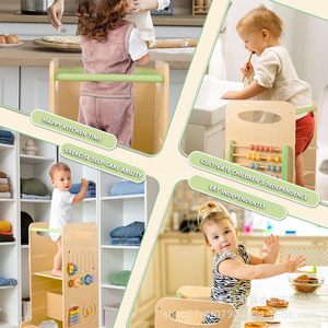 Stars Solid Wood Kids Learning Tower Foldable Step Stool With Safety Rail And Blackboard For Children <b>Kitchen</b> Use - Product Image 1