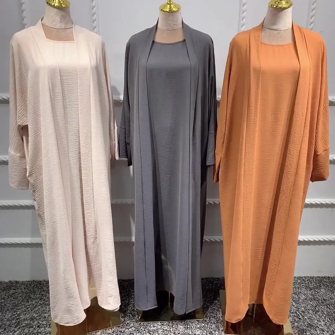 Offre Spéciale Eid turquie dubaï couleur unie deux pièces ensemble Abaya femmes grande taille robe musulmane caftan décontracté Abaya dubaï à manches longues