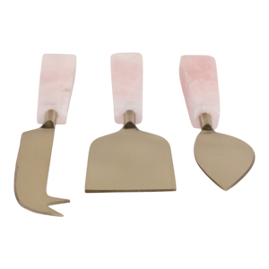Set di utensili per formaggio con manici in quarzo rosa e lame in ottone per servire e preparare. - Product Image 5